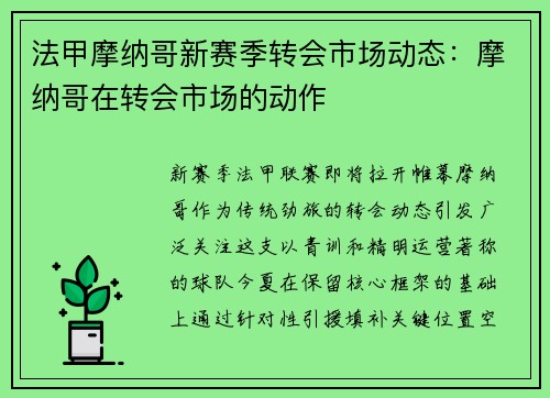 法甲摩纳哥新赛季转会市场动态：摩纳哥在转会市场的动作